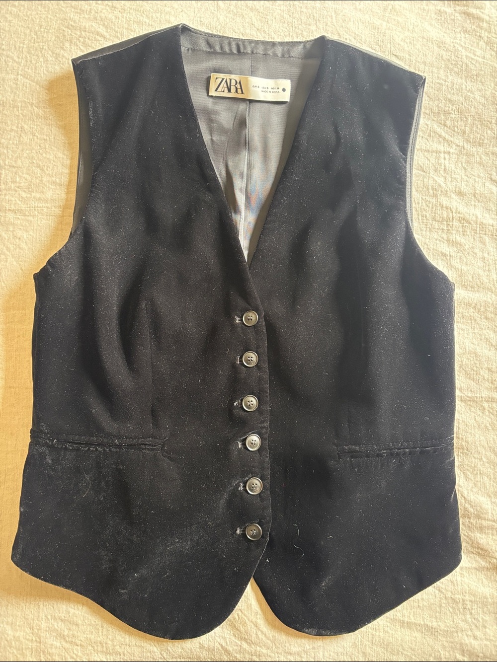 Zara Black Velvet Button-Front V-Neck Vest